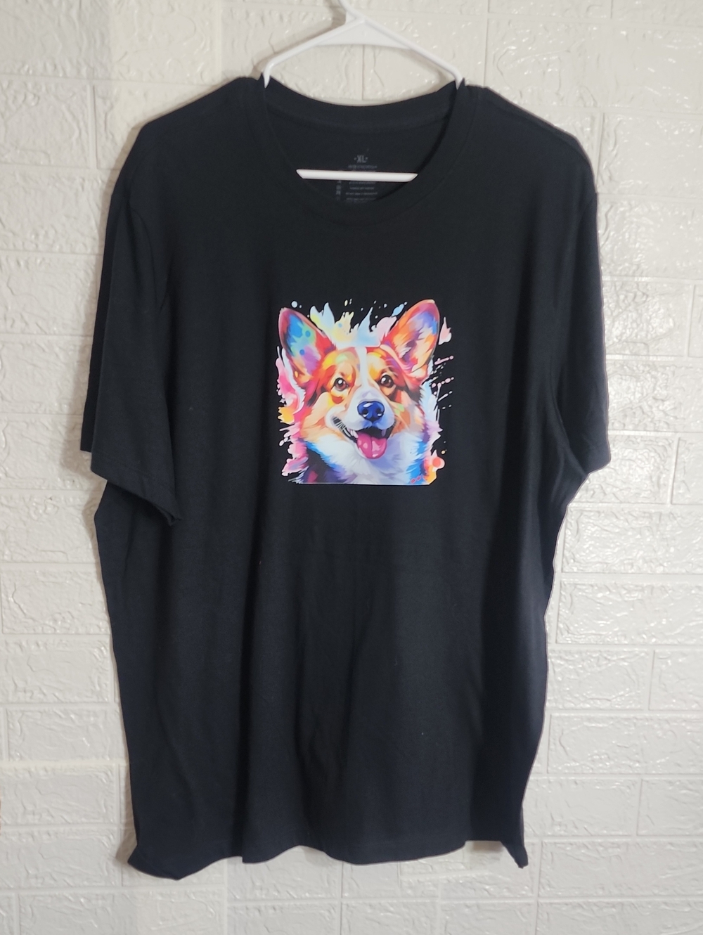 Black Short-Sleeve Tee with Colorful Corgi Graphic